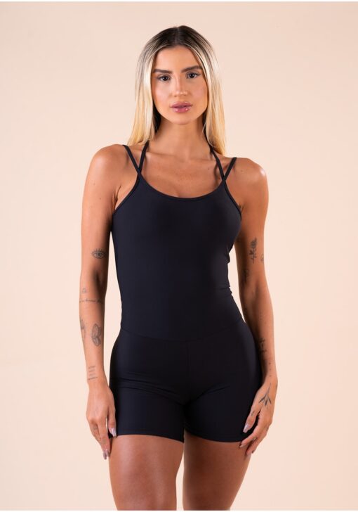 Macaquinho fitness feminino preto alça dupla e elástico vazado action dlk