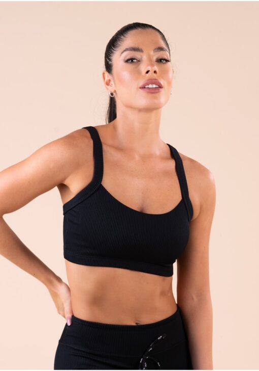 Top fitness feminino com bojo preto canelado action dlk - Image 4