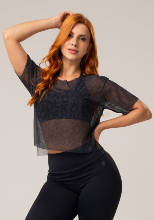 Blusa feminina em tule new printed estampada soup preta dlk