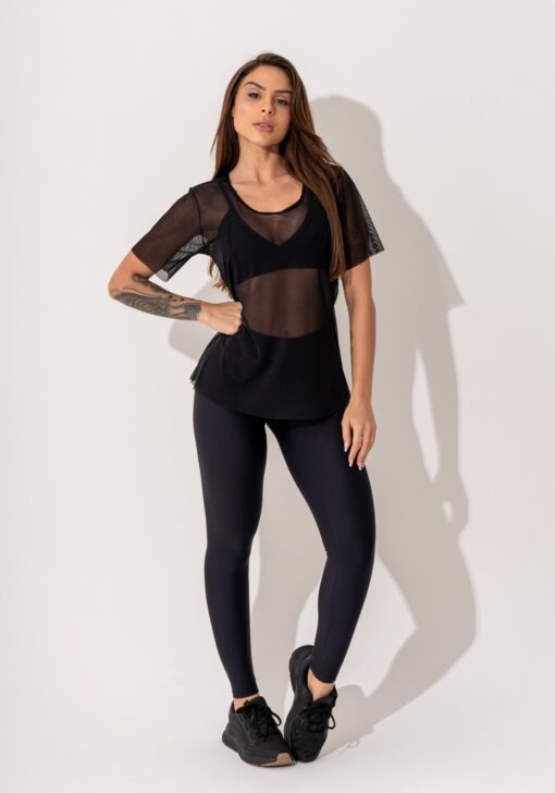 Blusa fitness feminina manga curta tule preto intense dlk - Image 2