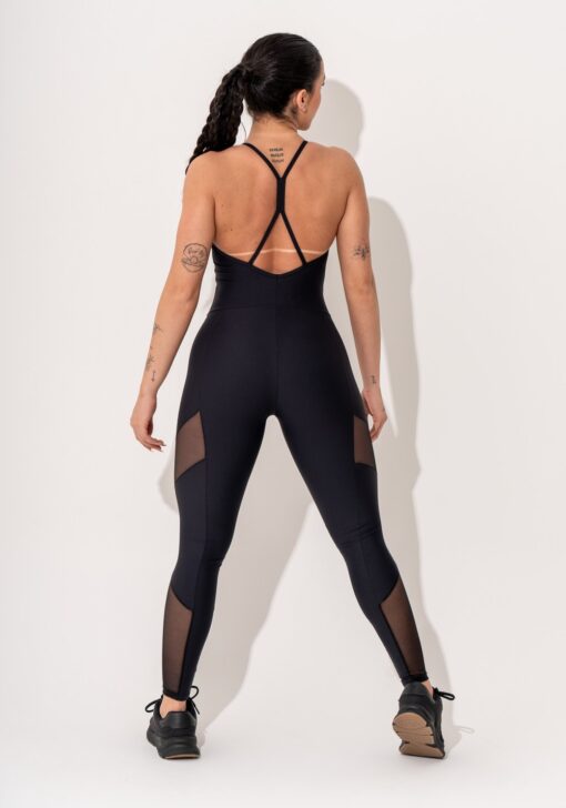 Macacão fitness feminino preto de alcinha com recortes em tule intense dlk - Image 3