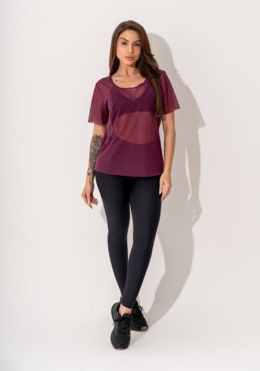 Blusa fitness feminina manga curta tule malbec intense dlk - Image 2