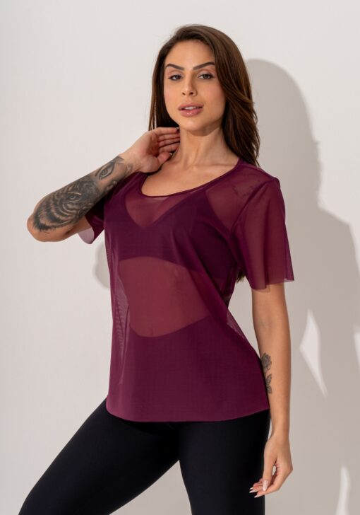 Blusa fitness feminina manga curta tule malbec intense dlk - Image 4