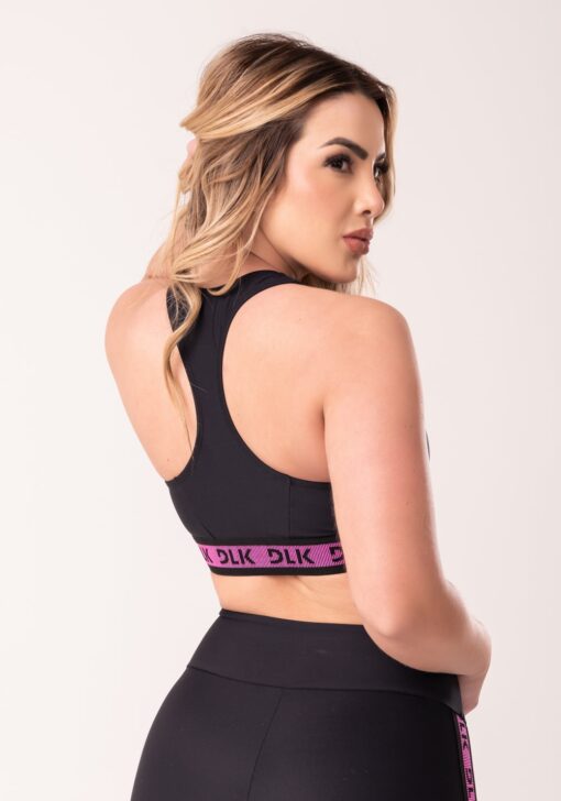 Top fitness feminino nadador preto com elástico rosa canelado intense dlk - Image 3