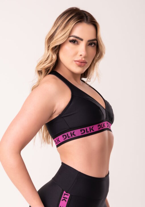 Top fitness feminino nadador preto com elástico rosa canelado intense dlk - Image 4