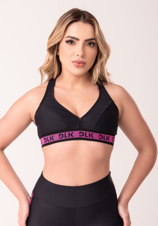 Top fitness feminino nadador preto com elástico rosa canelado intense dlk