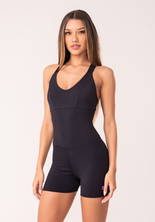 Macaquinho fitness feminino preto com elástico cruzado oasis - Image 2