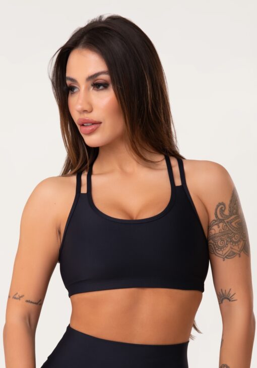 Top fitness feminino preto com alça dupla aura dlk
