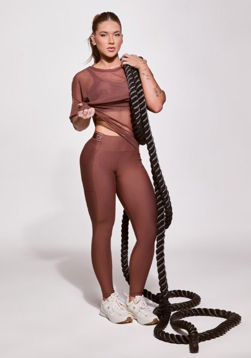 Legging fitness feminina com bolsos e elástico no cós activity dlk marrom