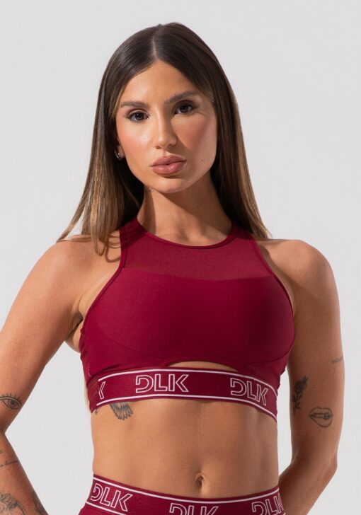 Top fitness feminino com elástico na base e tule activity dlk vinho