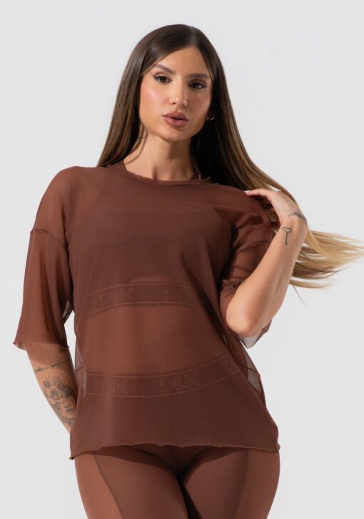 Blusa t-shirt fitness feminina de tule activity dlk marrom - Image 2
