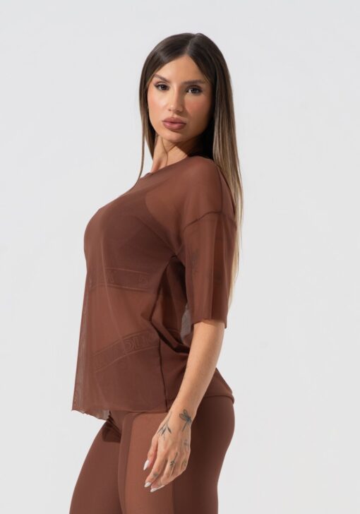Blusa t-shirt fitness feminina de tule activity dlk marrom - Image 4