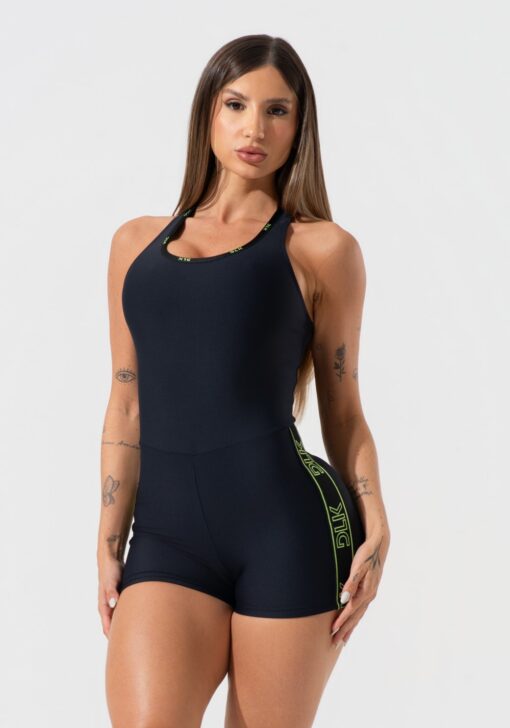Macaquinho feminino fitness com elásticos e costas vazadas activity dlk preto