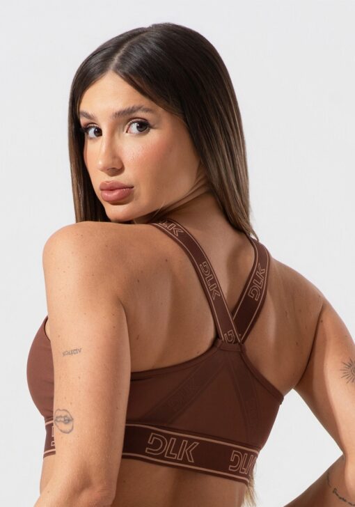 Top fitness feminino com bojo e alças de elástico com tule nas costas activity dlk marrom - Image 2