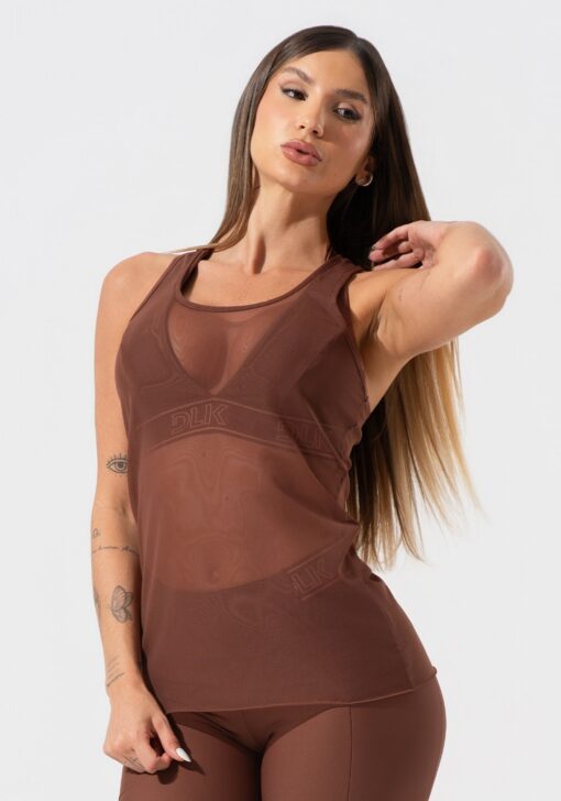 Camiseta fitness feminina de tule activity dlk marrom