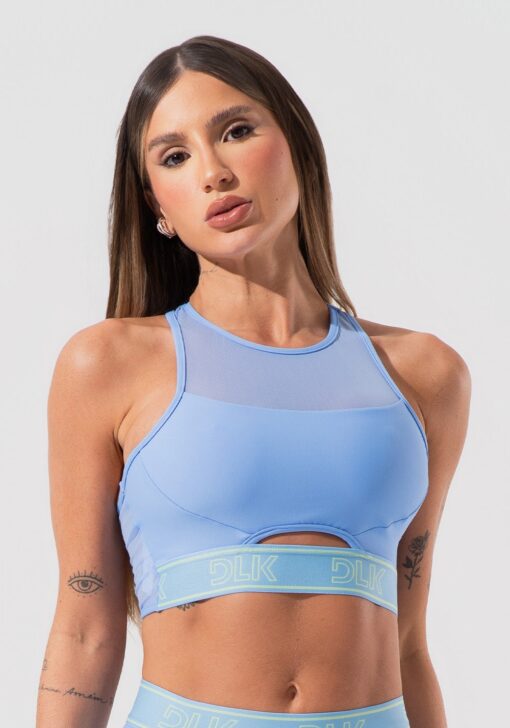 Top fitness feminino com elástico na base e tule activity dlk azul
