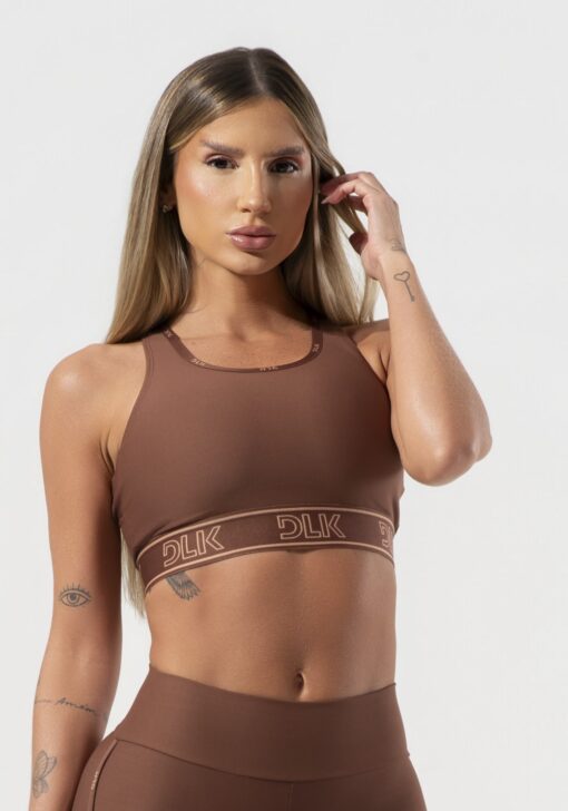 Top fitness feminino com bojo e costas vazadas com elástico activity dlk marrom